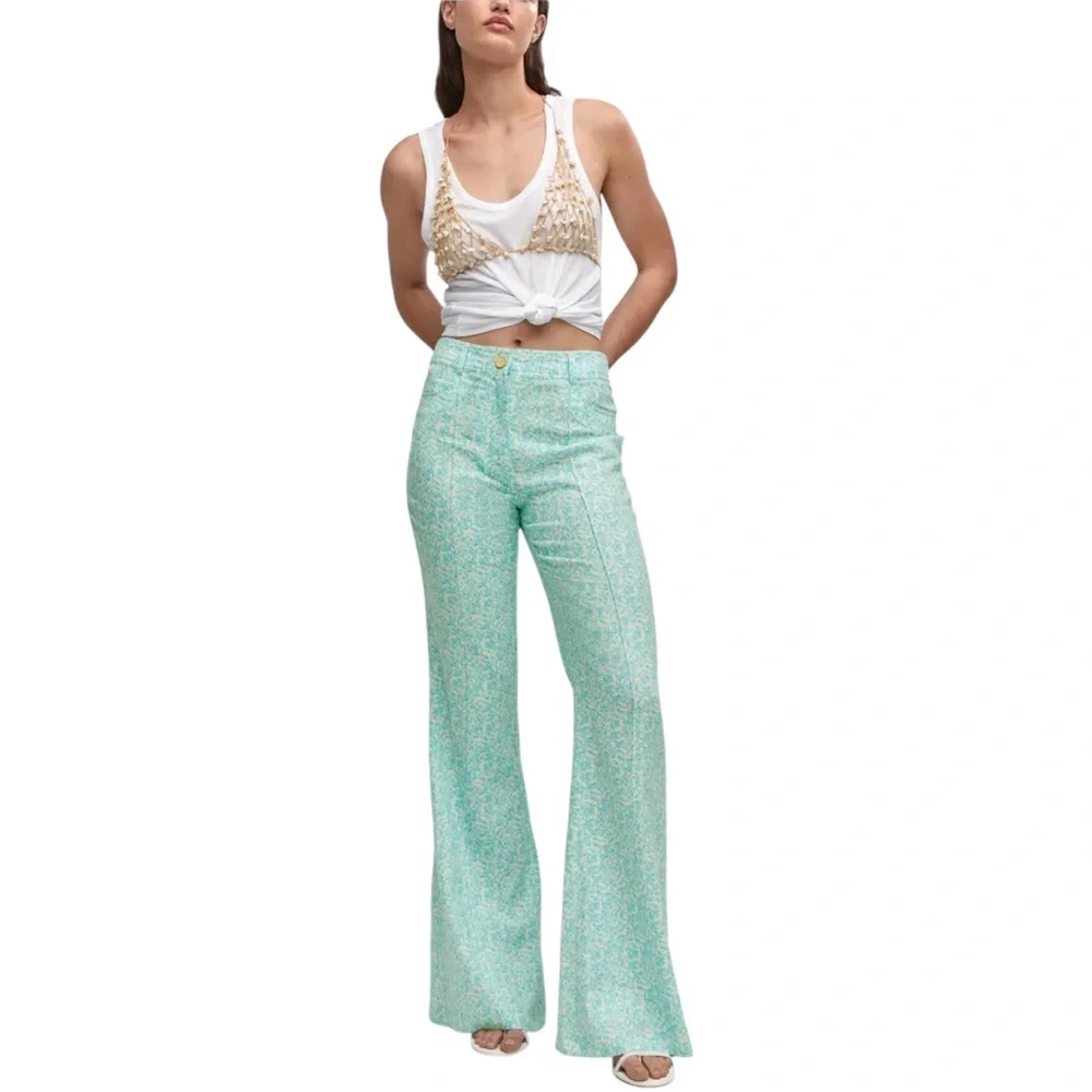 MANGO NWT Floral Linen Blend Flare Pants in Sz 2, 4 & 6